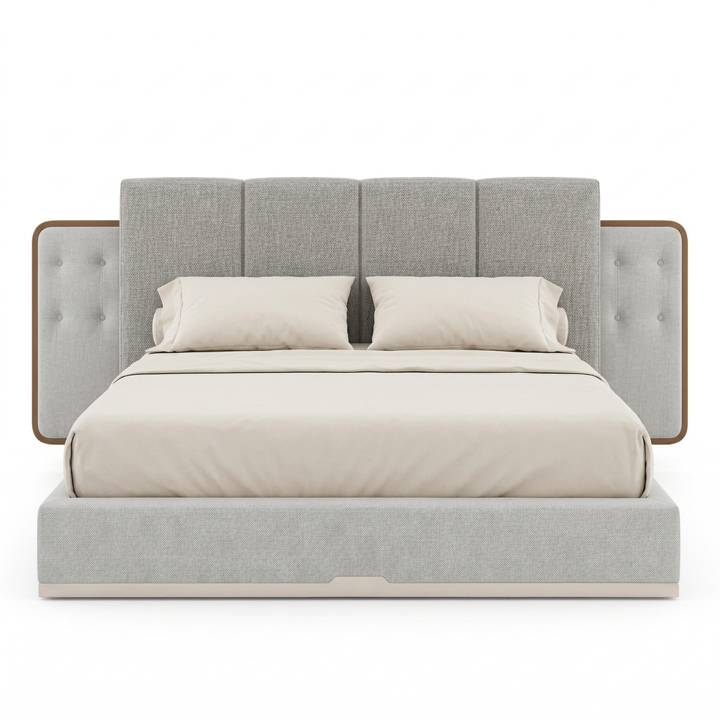 Elara panel and tufted upholstered bed in light grey woven fabric
