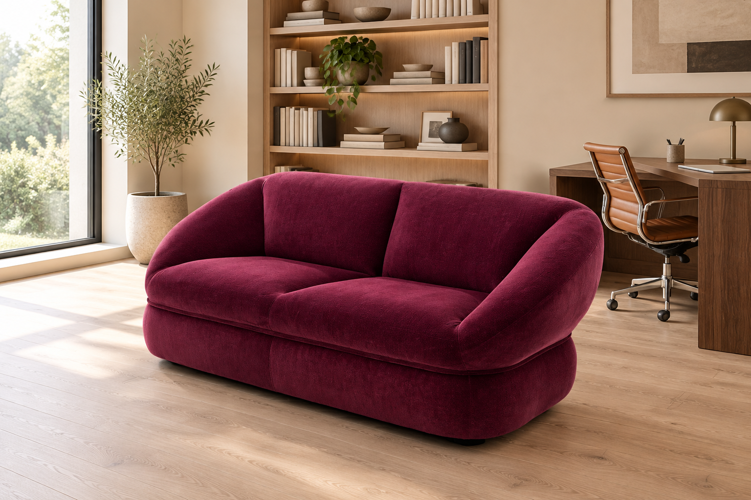 Orel burgundy sofa in a modern home office