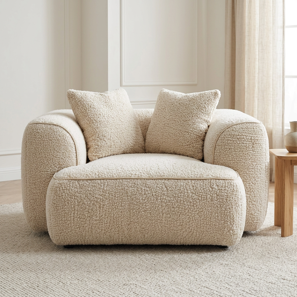 Front view of Liora ivory upholstered armchair in a bright neutral living room
