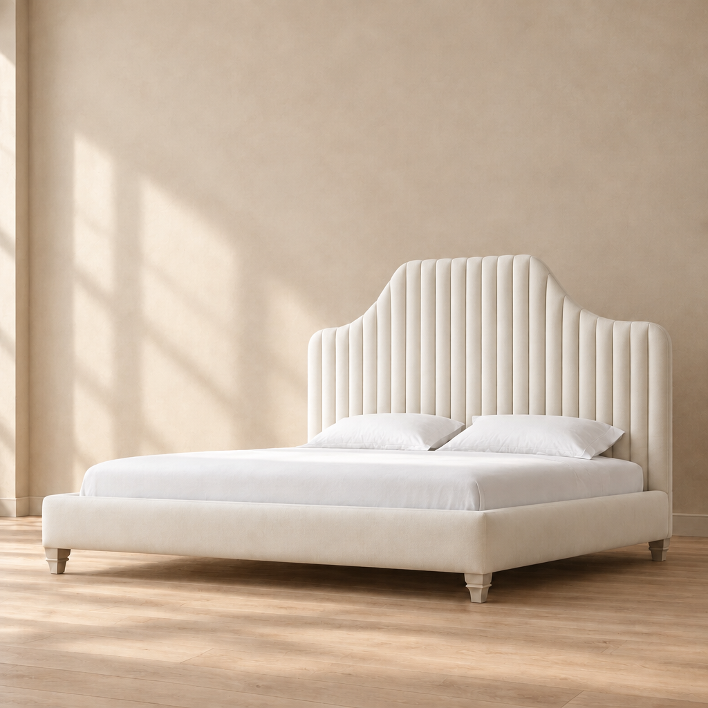 Seren white wave-channel upholstered bed with slightly fuller headboard and rail padding