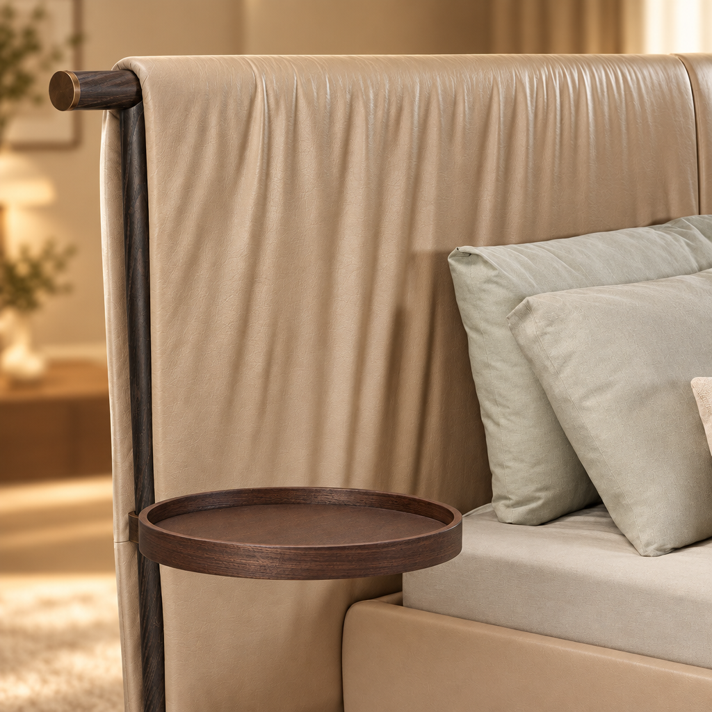 Kimono leather headboard and wooden bedside tray detail