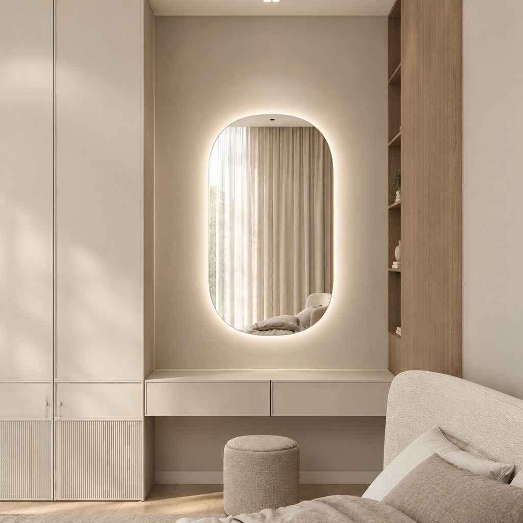 Calla Vanity Unit with curved LED mirror and two drawers in a modern bedroom, front view