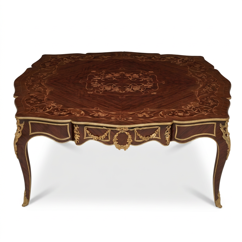 Valloris floral inlay coffee table with brass wreath and garland details, elevated front view