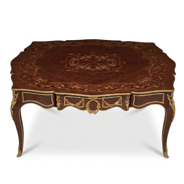 Valloris floral inlay coffee table with brass wreath and garland details, elevated front view