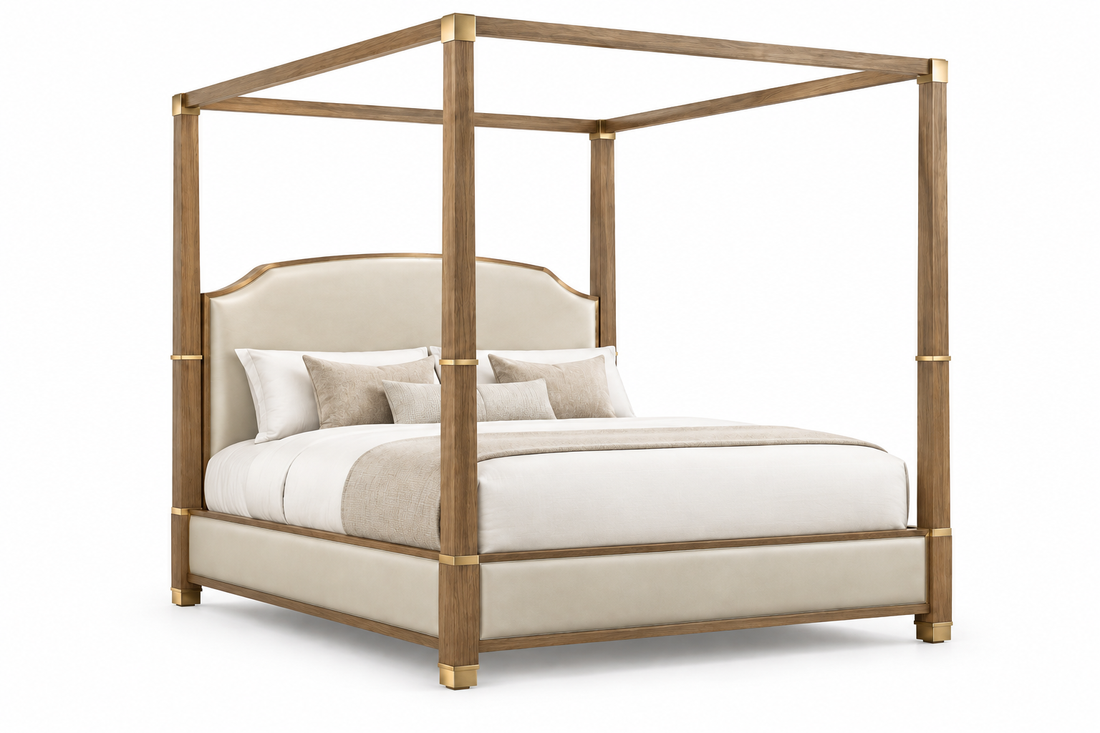 Three-quarter side view showing the beige-and-gold canopy bed's frame, headboard, and base on a white background