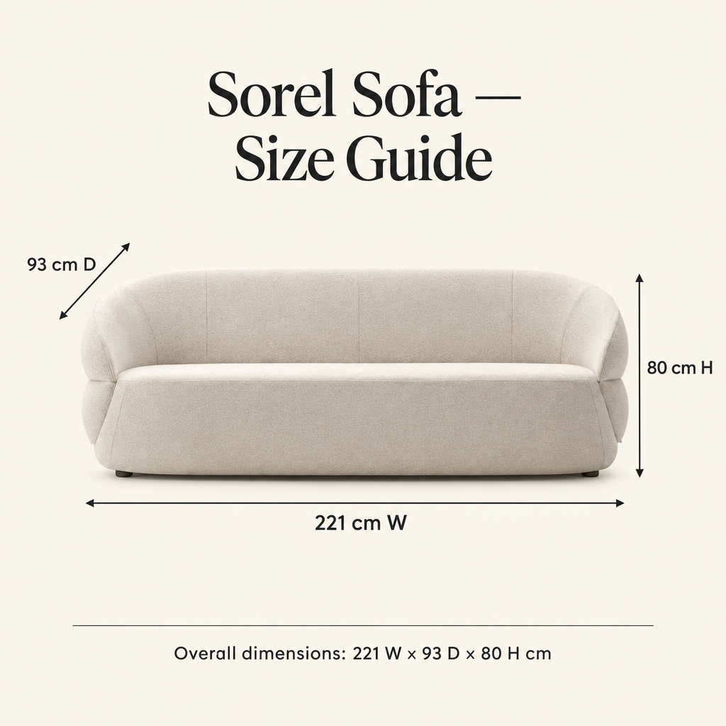 Sorel sofa dimensions 221 W by 93 D by 80 H cm
