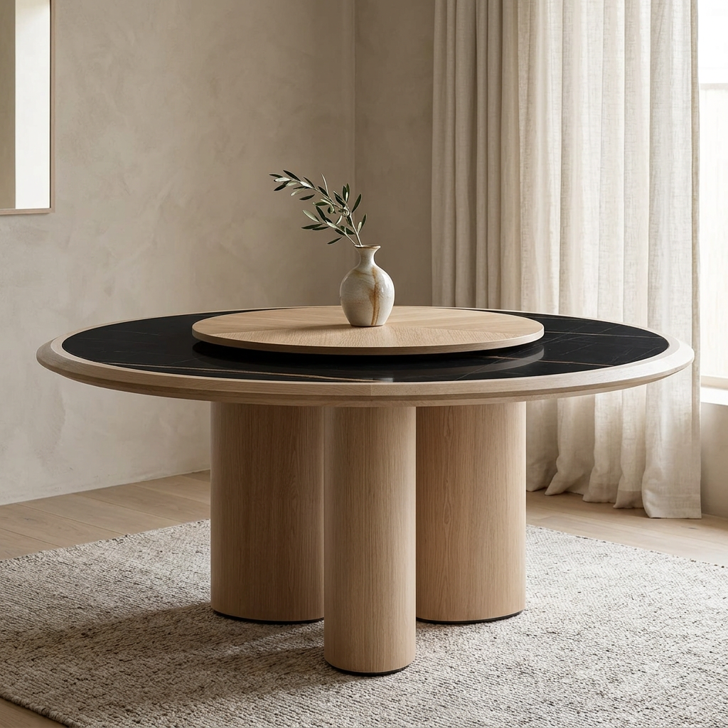 Orvella round oak dining table styled in a contemporary dining room