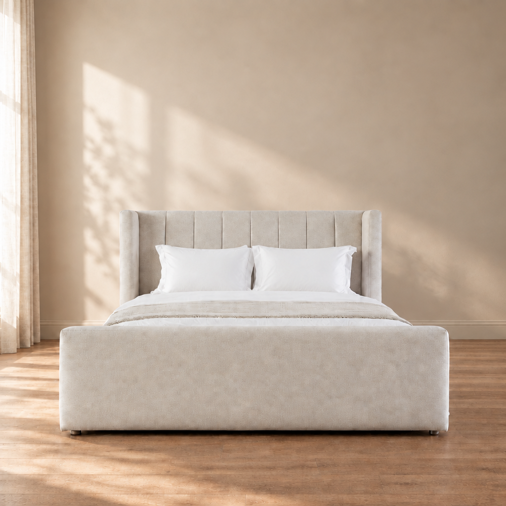 Linden bed with white pillows and bedding, without brown decorative cushions