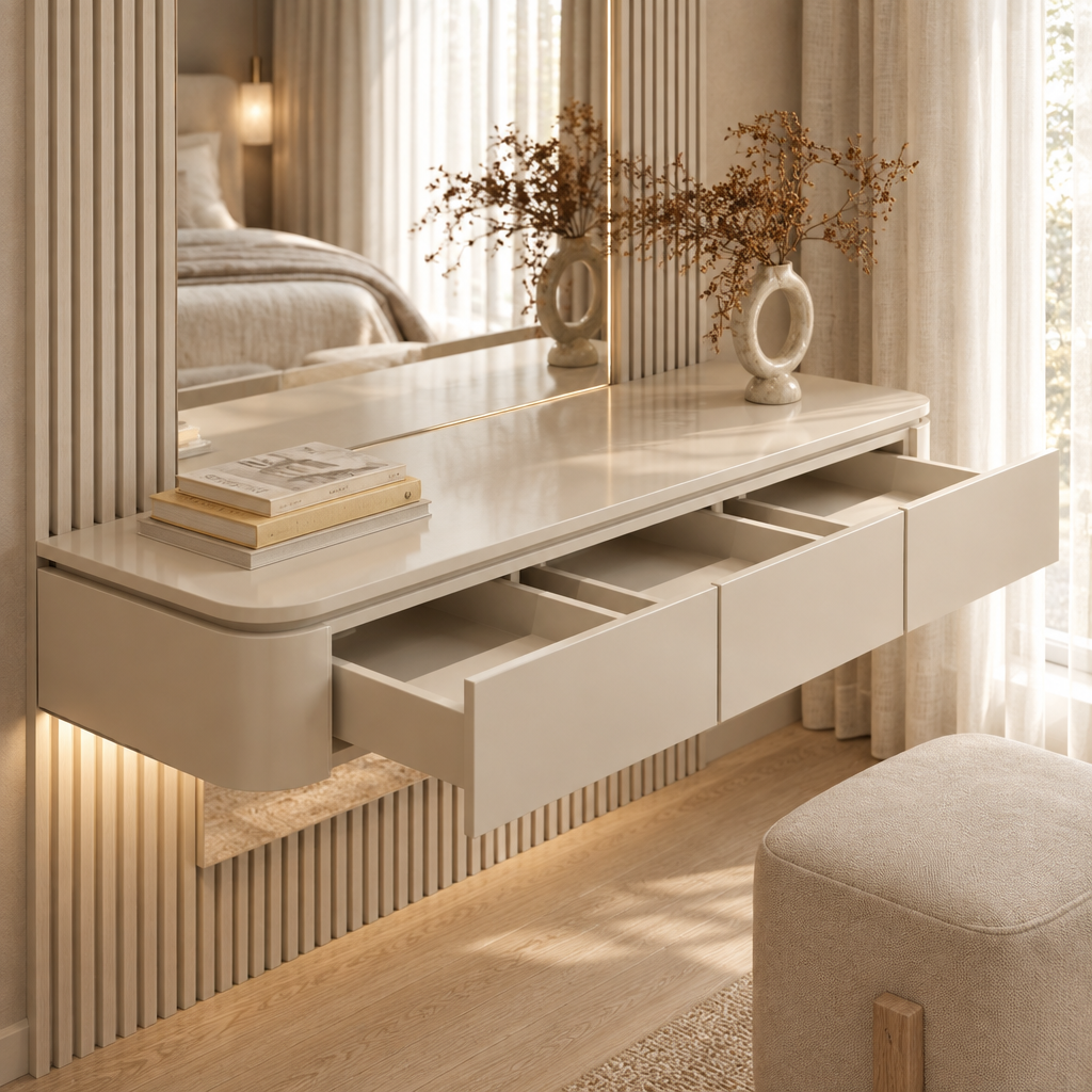 Clara Vanity Unit in the matching modern bedroom, close-up of rounded edges and three open drawers