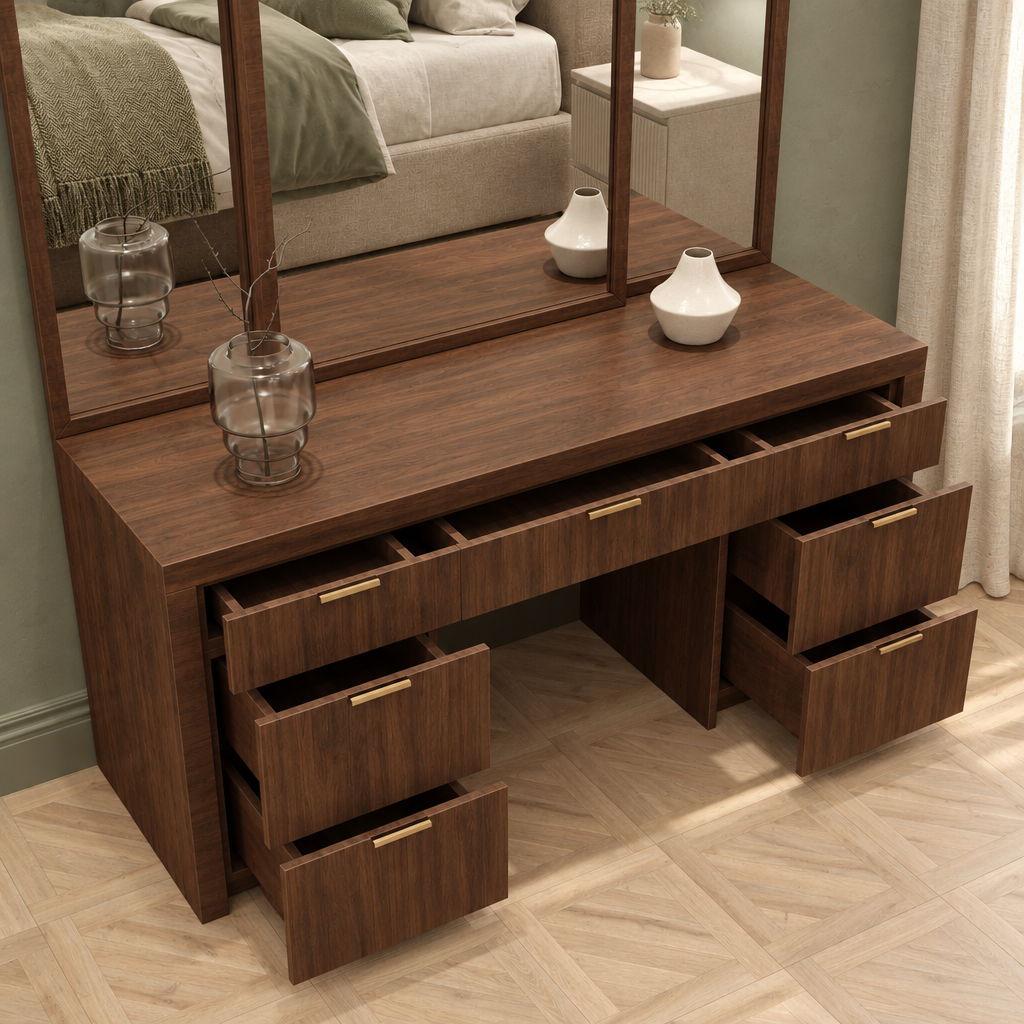 Walnut-brown Madison Vanity Dresser in the matching sage-green bedroom, open-drawer detail