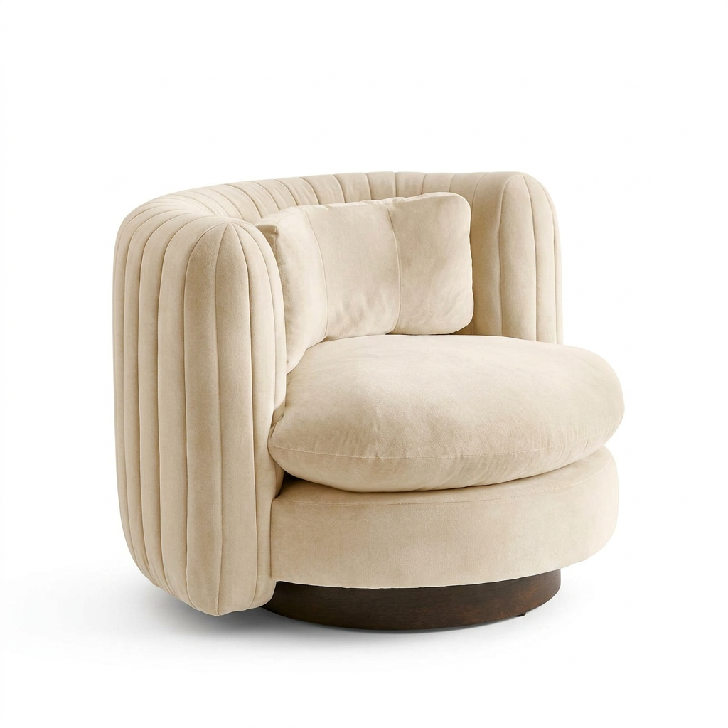 Solenne ivory velvet armchair, left three-quarter view on white