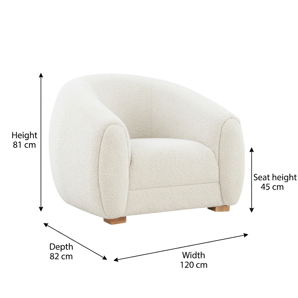 Cavelle armchair dimensions: 120 cm wide, 82 cm deep, 81 cm high; seat height 45 cm
