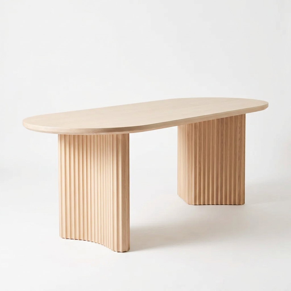 Avelin capsule dining table with fluted supports, left angled view