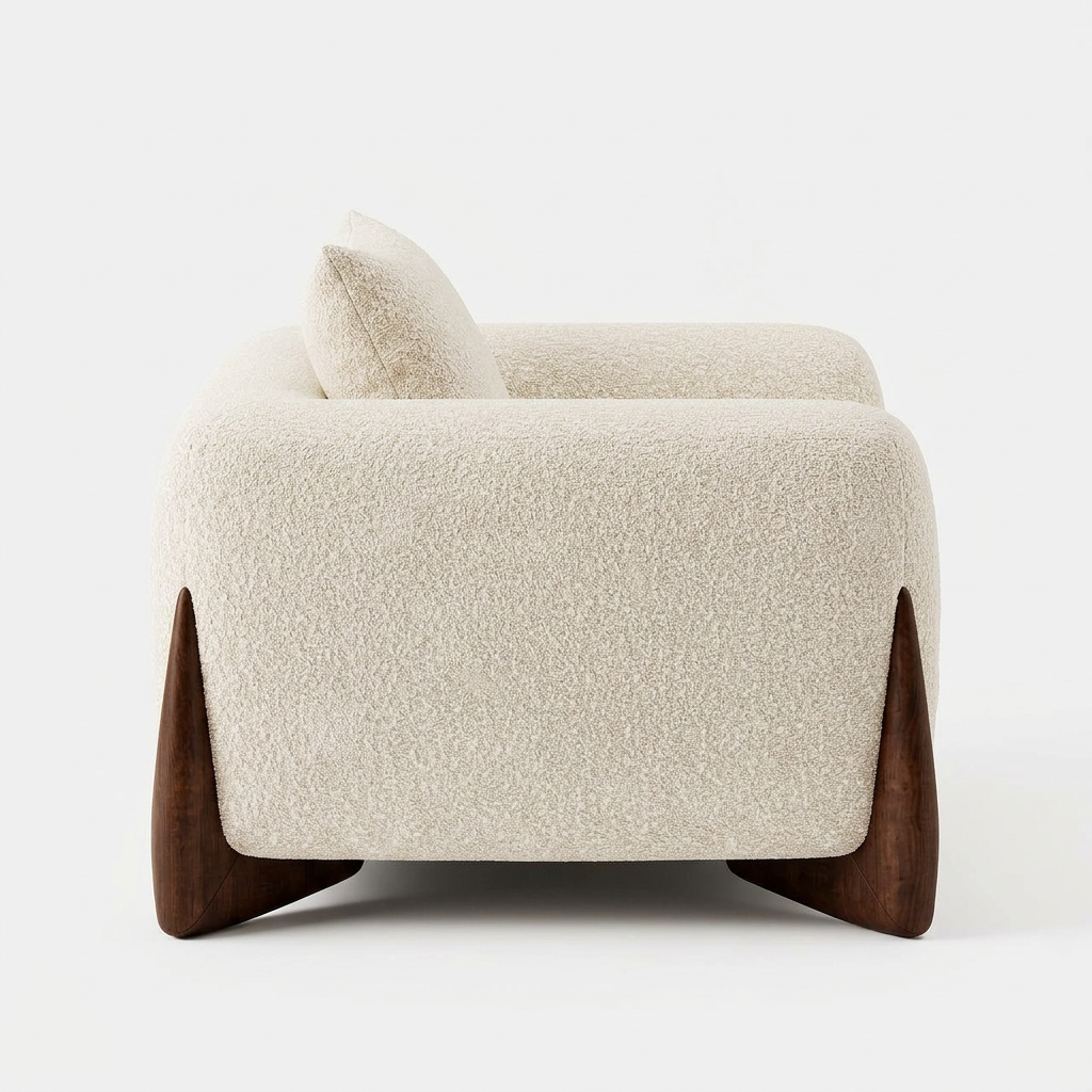 Nerelle beige bouclé armchair, left-side view on white