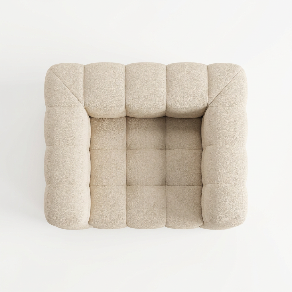 Osvira tufted beige bouclé armchair, top view on white