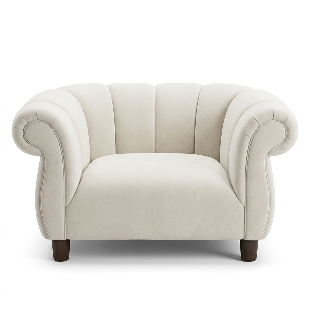 Cresswell ivory scroll-arm armchair, front on white