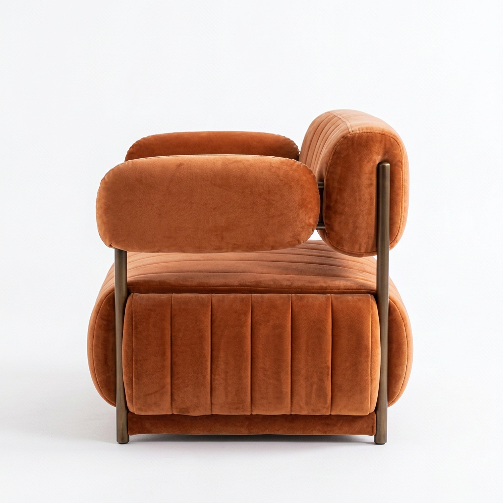 AI-reconstructed right-side view of Rovelle orange velvet armchair