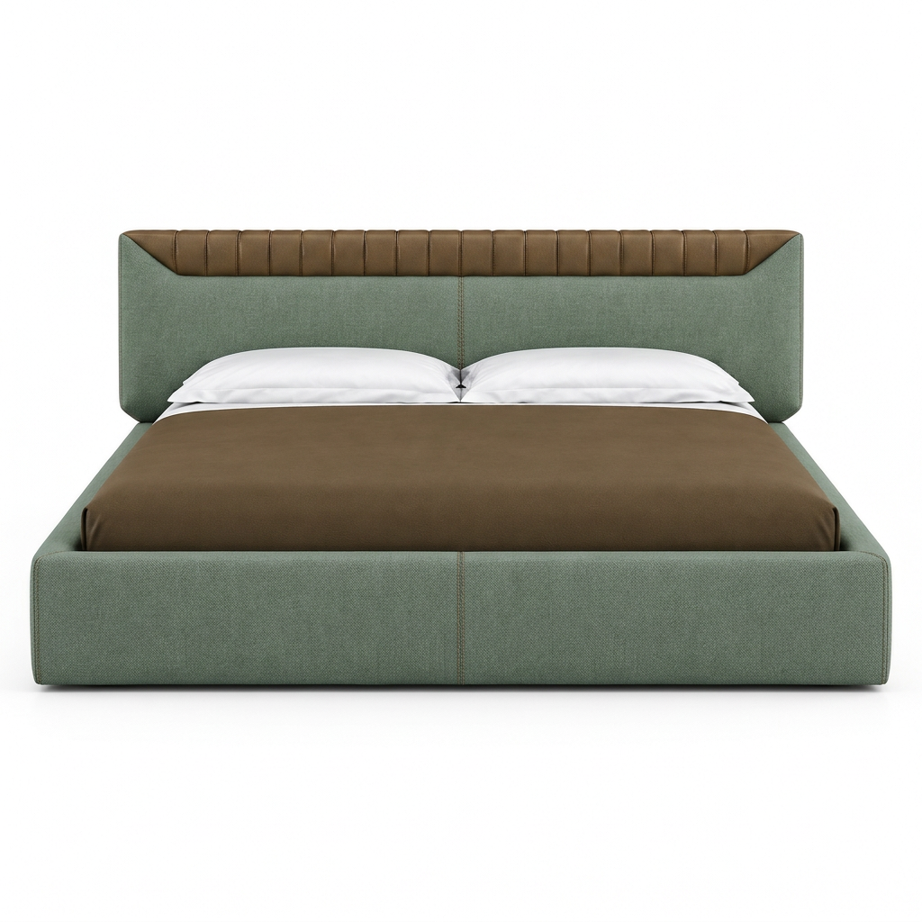 Libra bed in sage green woven fabric with contrasting brown headboard accent