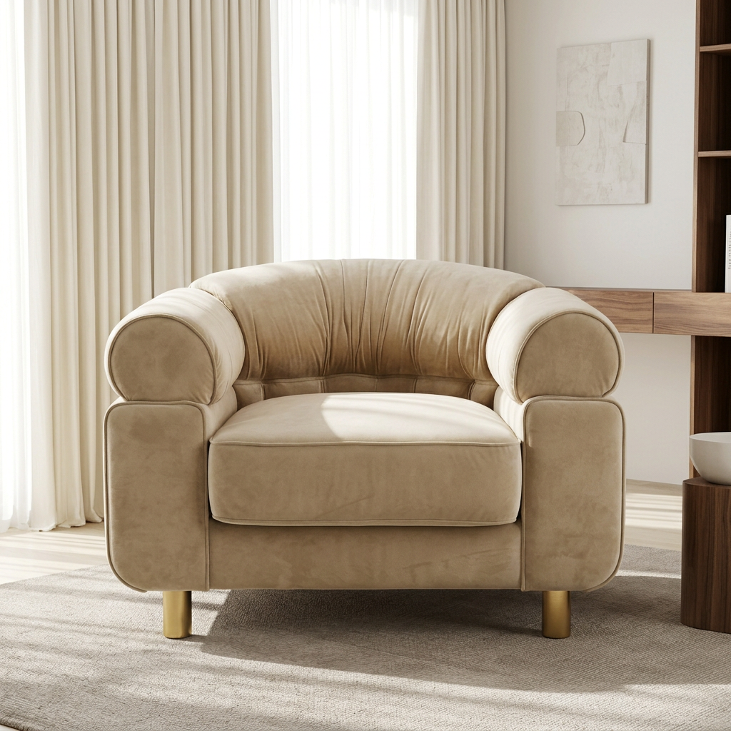 Elowen beige rounded-arm accent chair, front view in a bright living room