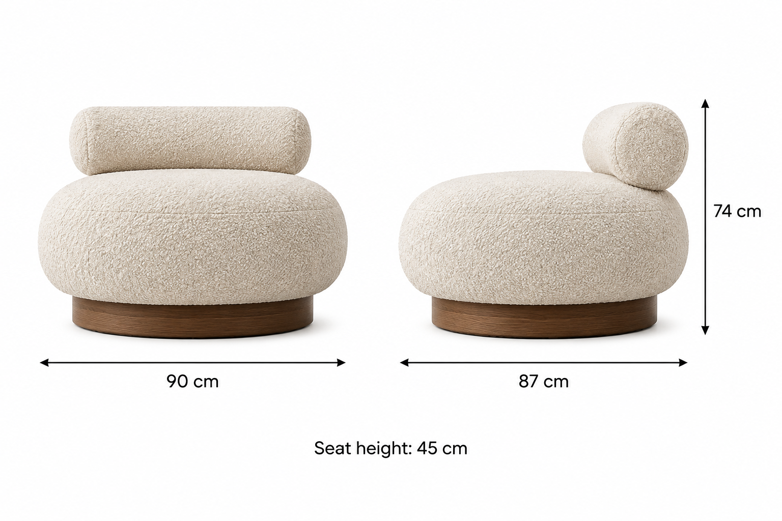 Mira Pebble Bouclé Chair 90 cm wide, 87 cm deep, 74 cm overall height, 45 cm seat height