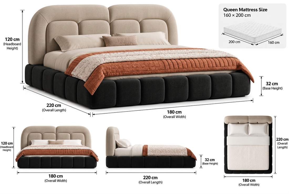 Velaro Queen dimension guide with refined black upholstery texture