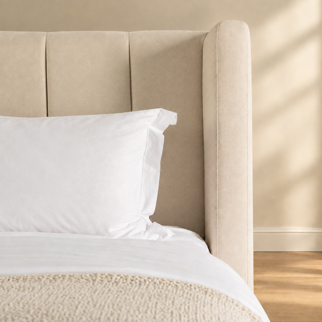 Linden bed detail with white pillow and bedding, without brown decorative cushion