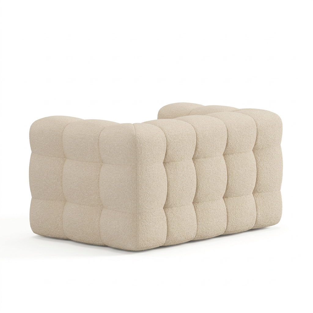 Osvira tufted beige bouclé armchair, rear view on white