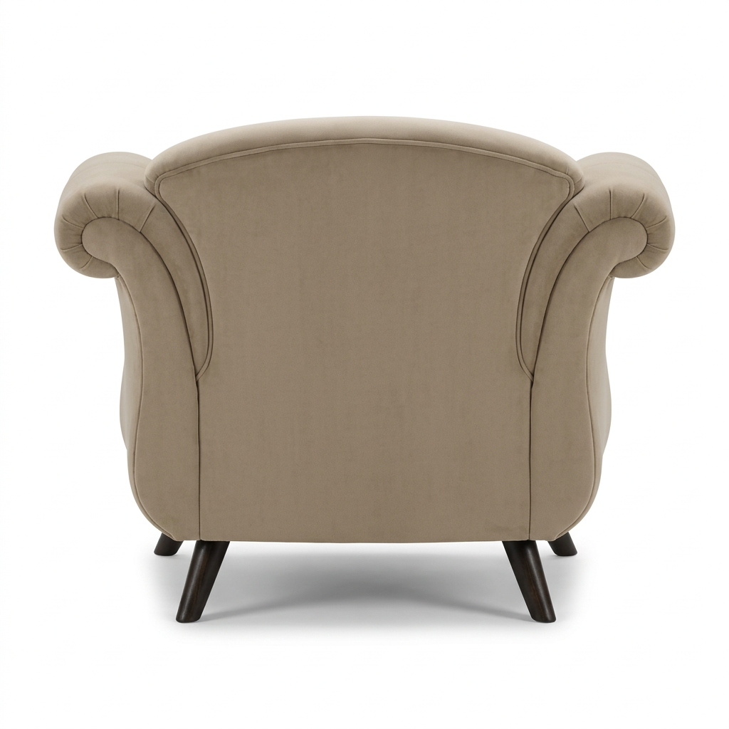 AI-reconstructed rear view of Bellora flared-arm accent chair on white