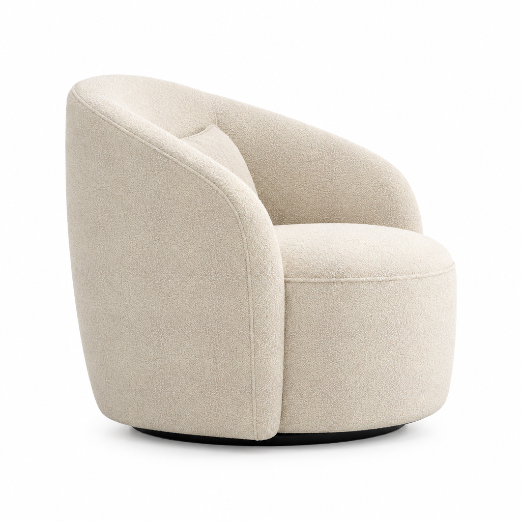 Cove Bouclé Swivel Arm Chair side view in cream on white