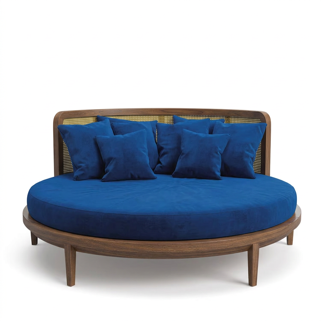 Orvello round brown wood bed with curved woven headboard, front view on white