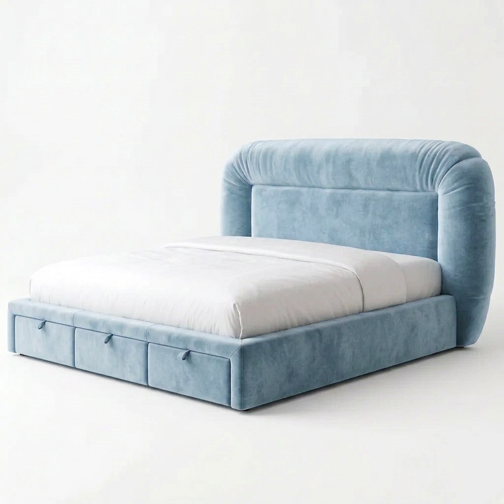Varenna bed in light blue premium velvet with rounded padded headboard and three front drawers
