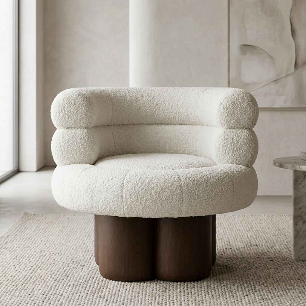 Avenelle ivory bouclé armchair, front view in a neutral living room