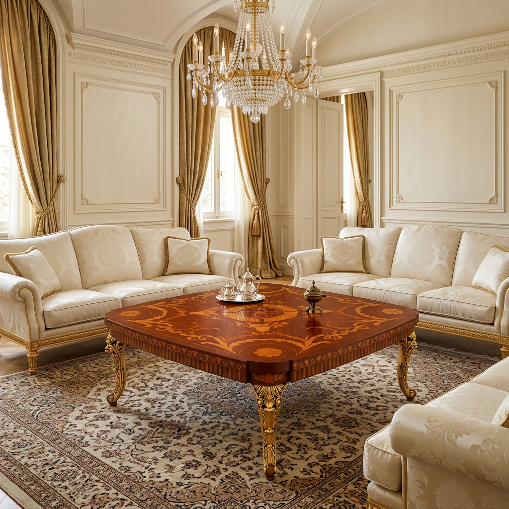Ravelle square marquetry coffee table with gilded legs in a luxury palace majlis