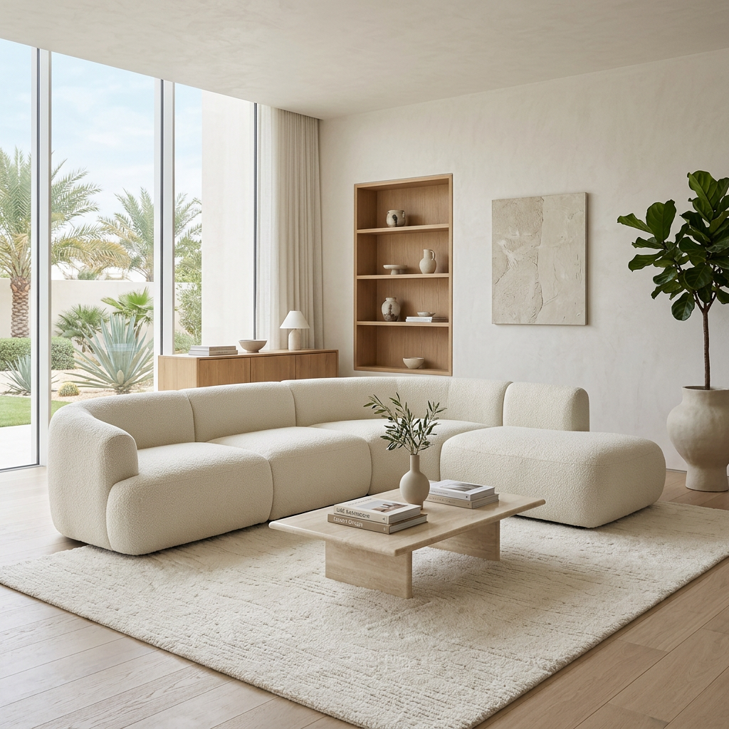 Cream fabric corner sofa with chaise styled in a contemporary living room