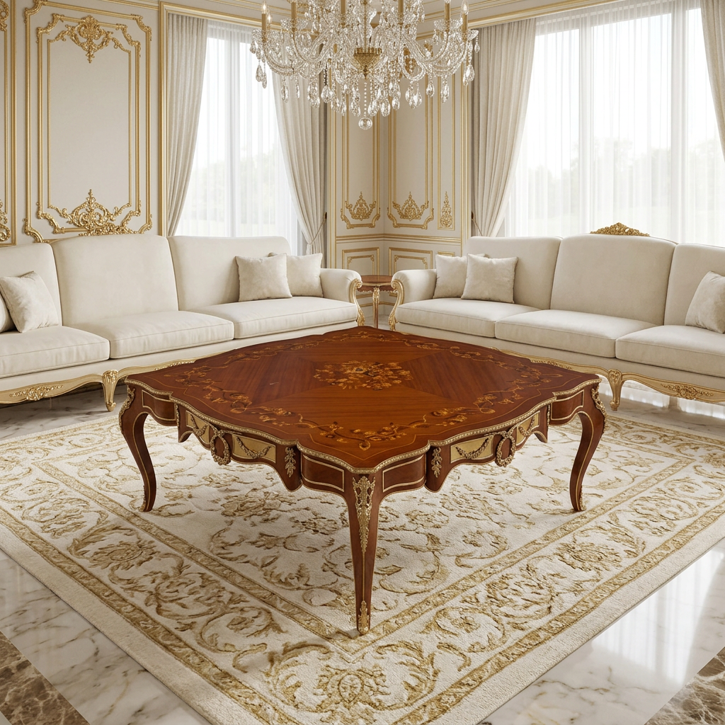 Orvienne brown marquetry and brass coffee table in a luxury palace majlis