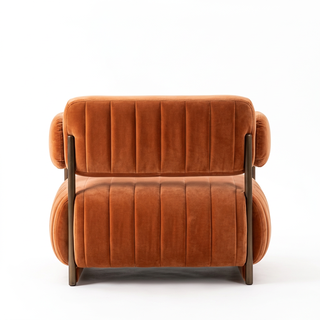 AI-reconstructed rear view of Rovelle orange velvet armchair