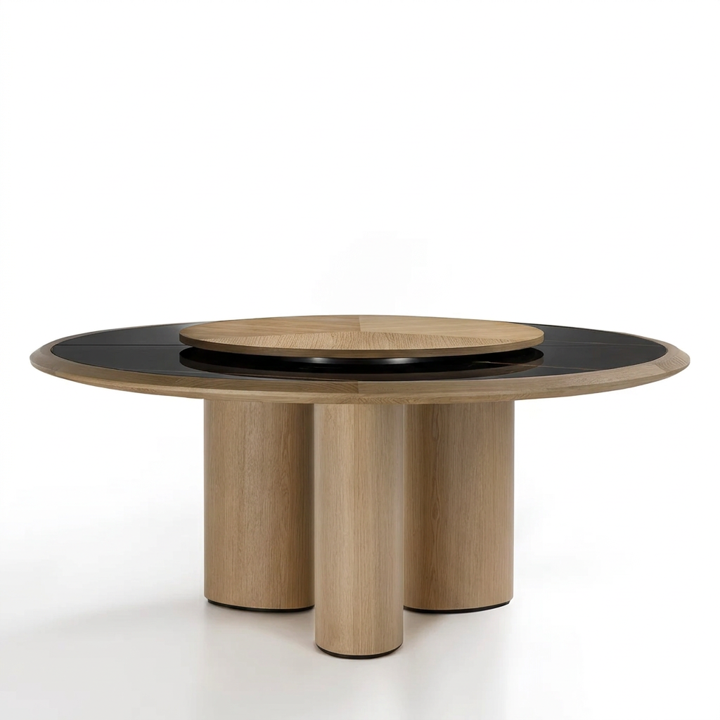 Orvella oak and black marble-effect dining table, left angled view