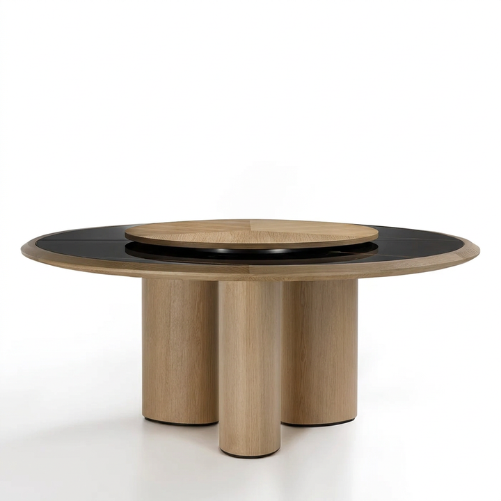 Orvella oak and black marble-effect dining table, left angled view