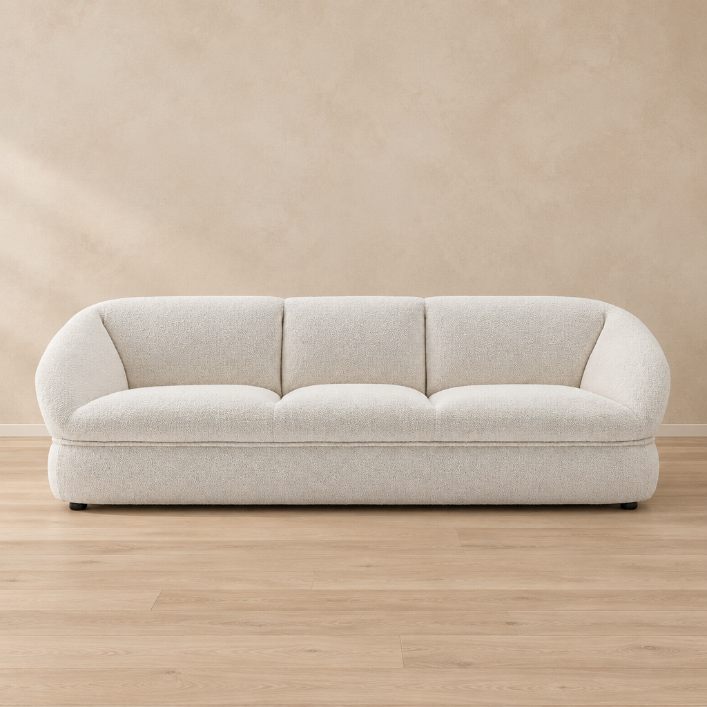 Orel white curved fabric sofa front view