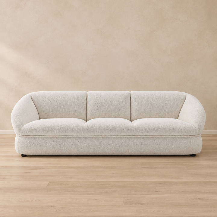 Orel white curved fabric sofa front view
