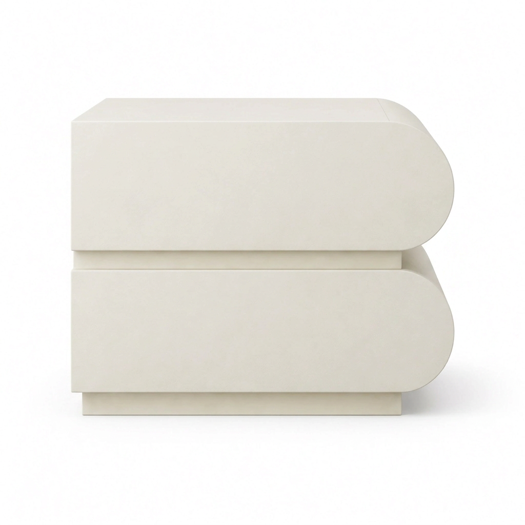 Sahra cream curved bedside table, left side on white background
