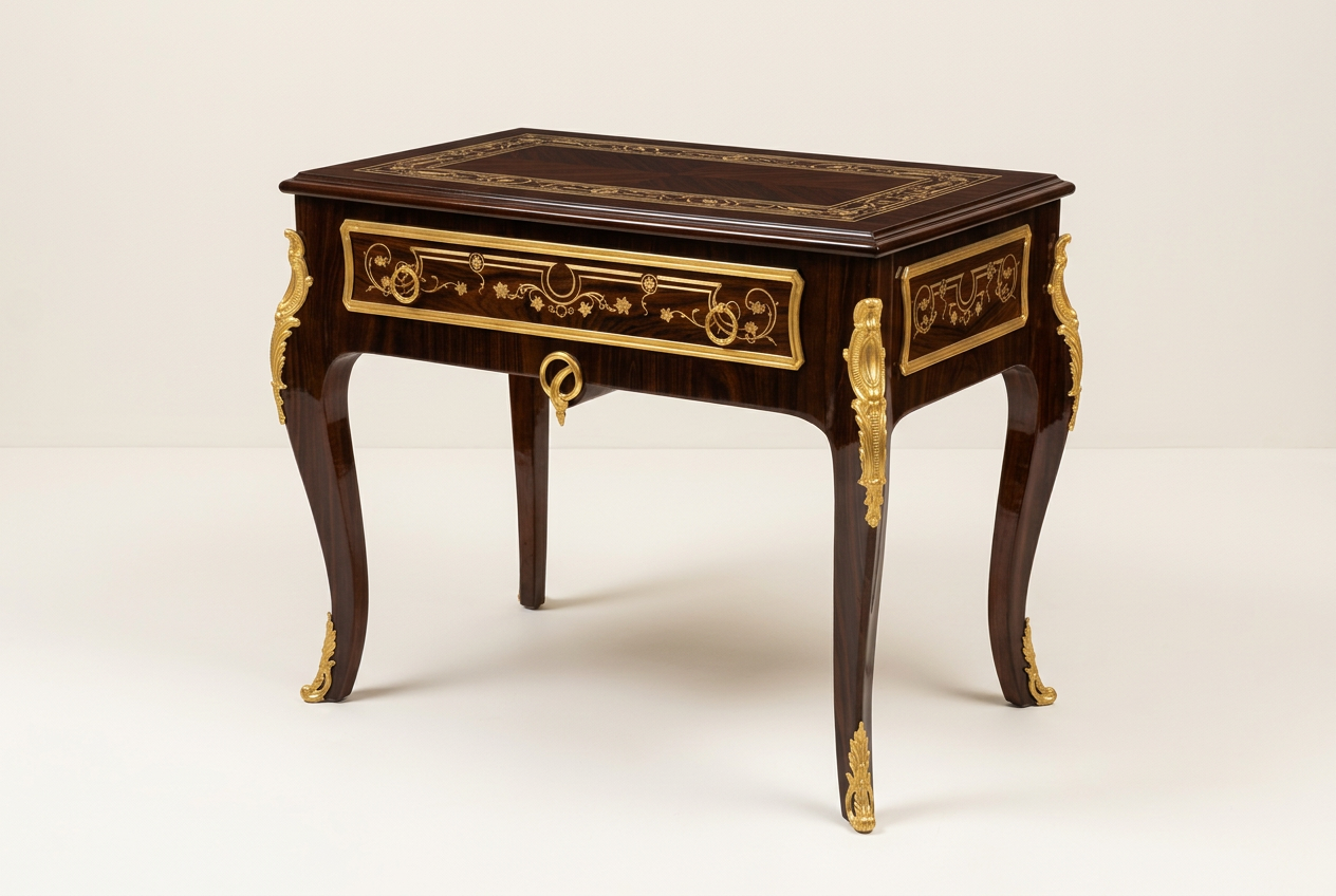 Manldo brass inlay and marquetry table, landscape view
