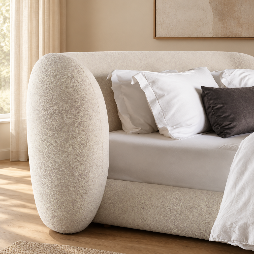 Solene bed in a warm beige and wood interior