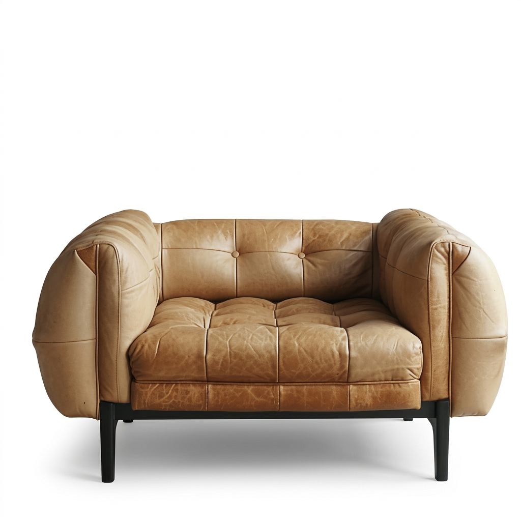 Front view of Renwick tan tufted armchair on a white background
