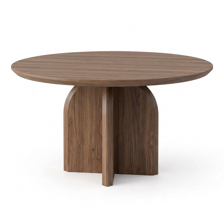 Orvella walnut veneer dining table, left-side view on white background