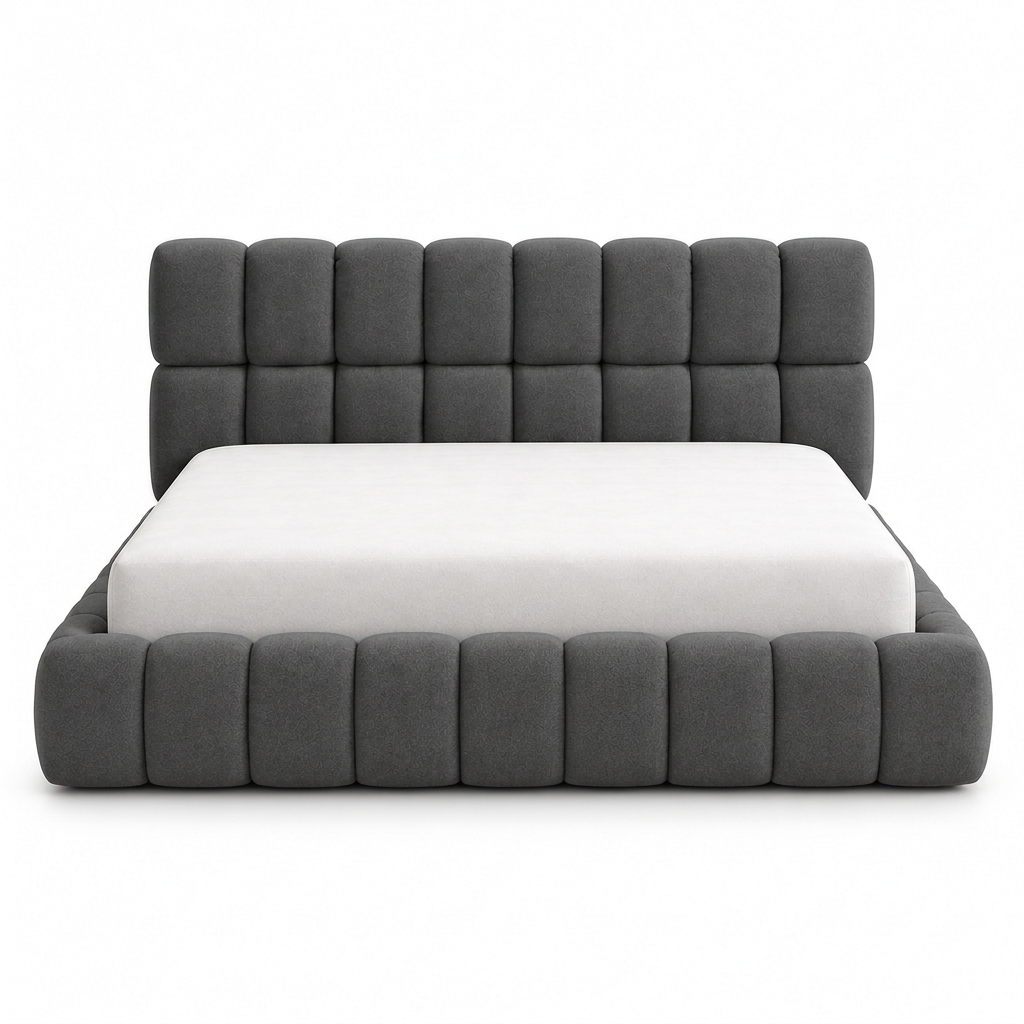 Dorian charcoal bed, straight-on view with fuller padding