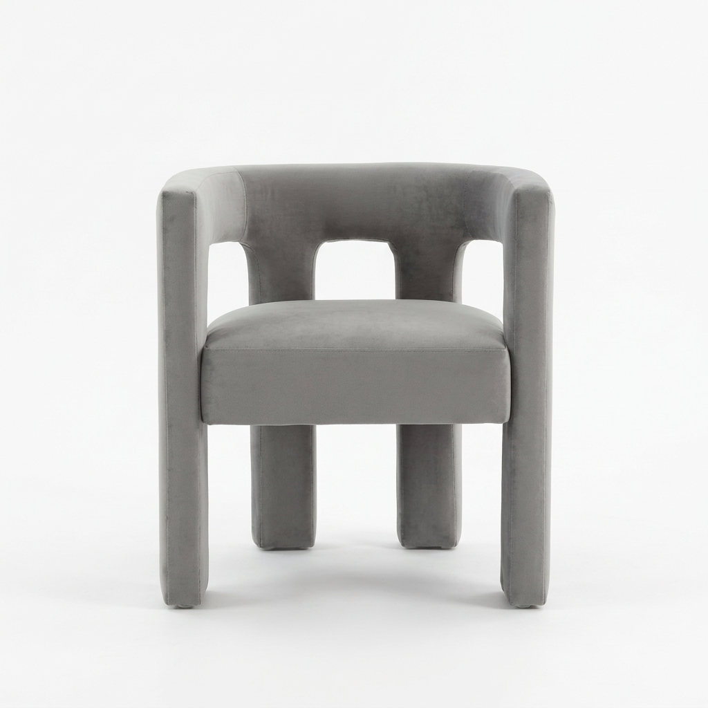 Virelle light grey velvet open-frame barrel armchair, front view on white