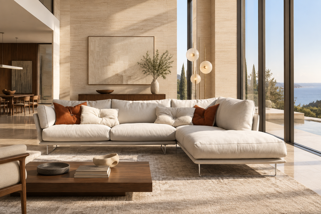 Torin white corner sofa in a luxury modern living room