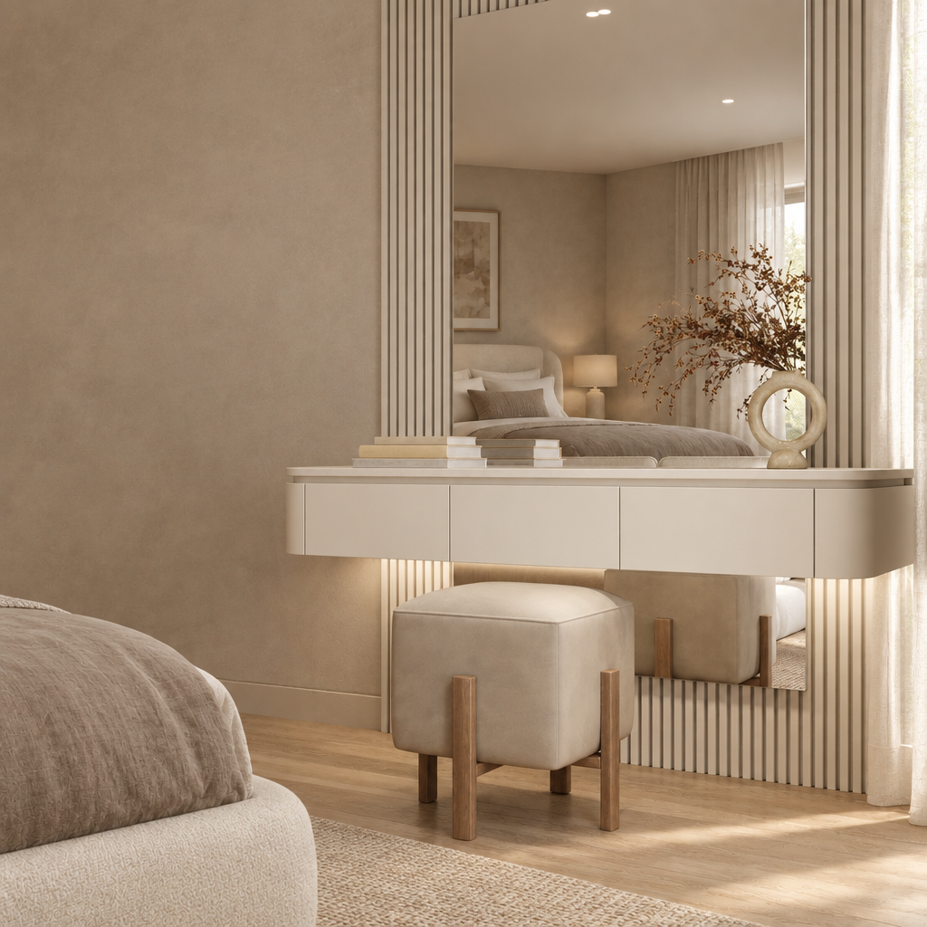Clara Vanity Unit with rounded edges and fluted detailing in a modern bedroom, angled view