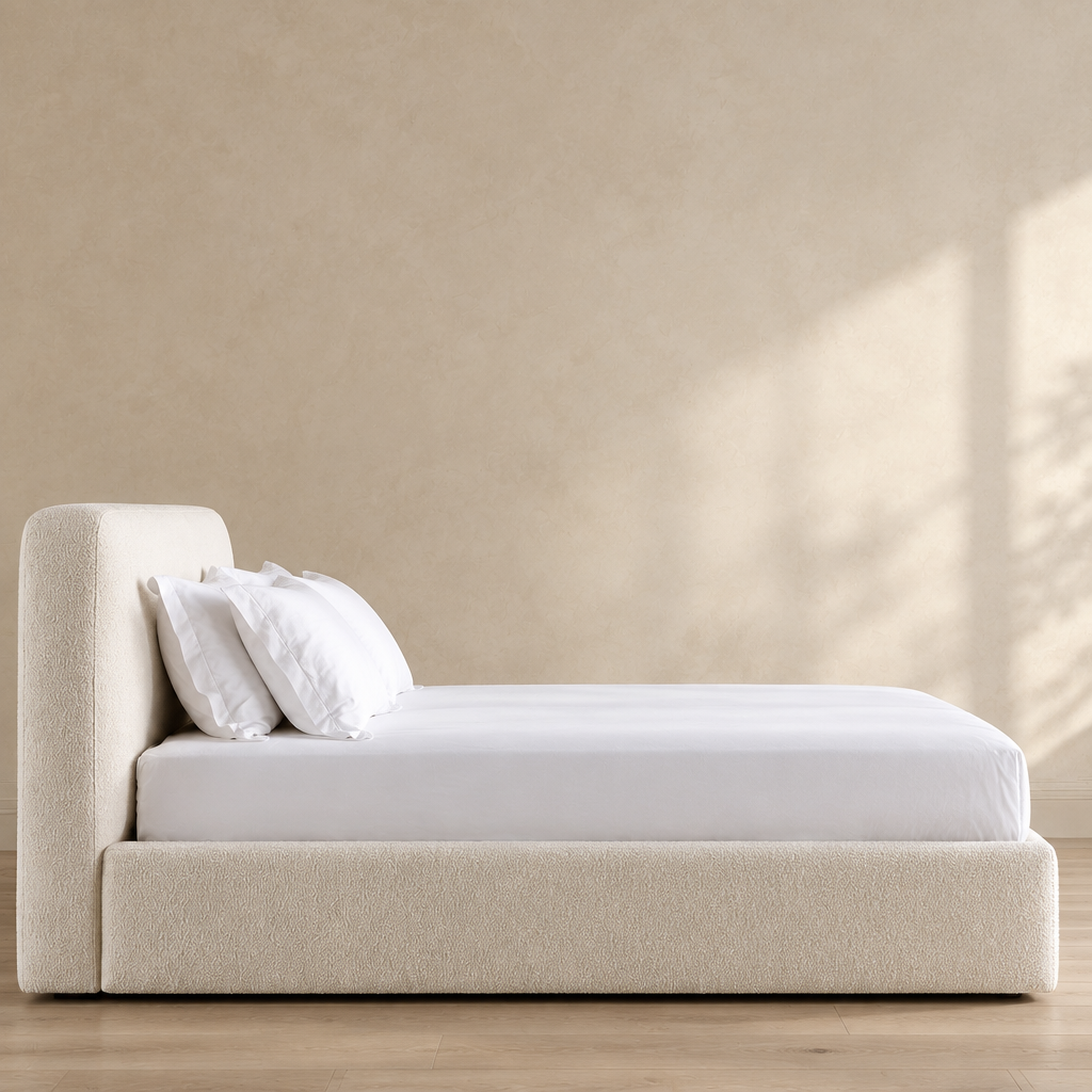 Luma bed side view with exposed upholstered frame